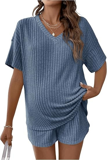 SweatyRocks Women's Maternity 2 Piece Outfits V Neck Short Sleeve Top and Elastic Waist Shorts Se... | Amazon (US)