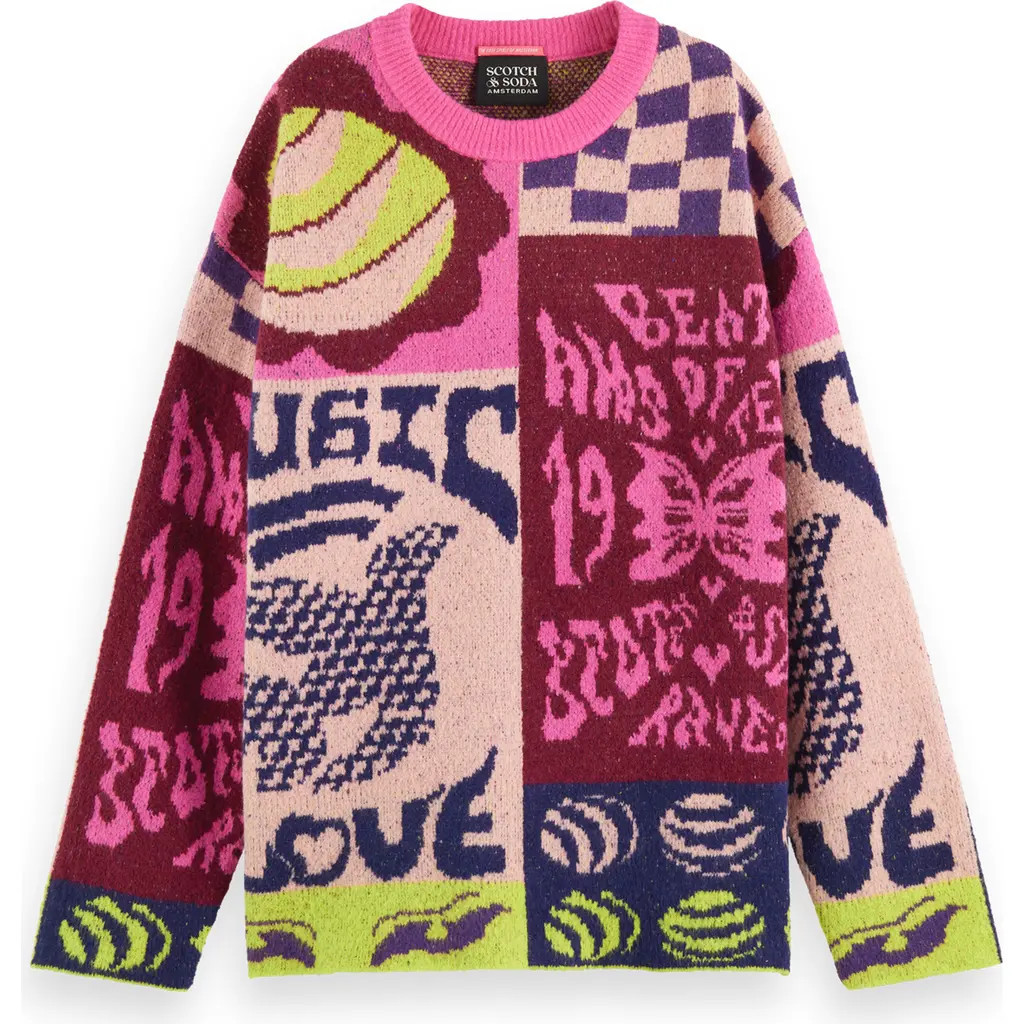 Scotch & Soda Oversize Graphic Sweater in Pink Flyer Graphic at Nordstrom, Size Small | Nordstrom