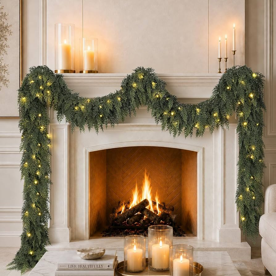 12FT Pre-lit Christmas Cedar Garland with Lights Pine Garland Decoration | Amazon (US)