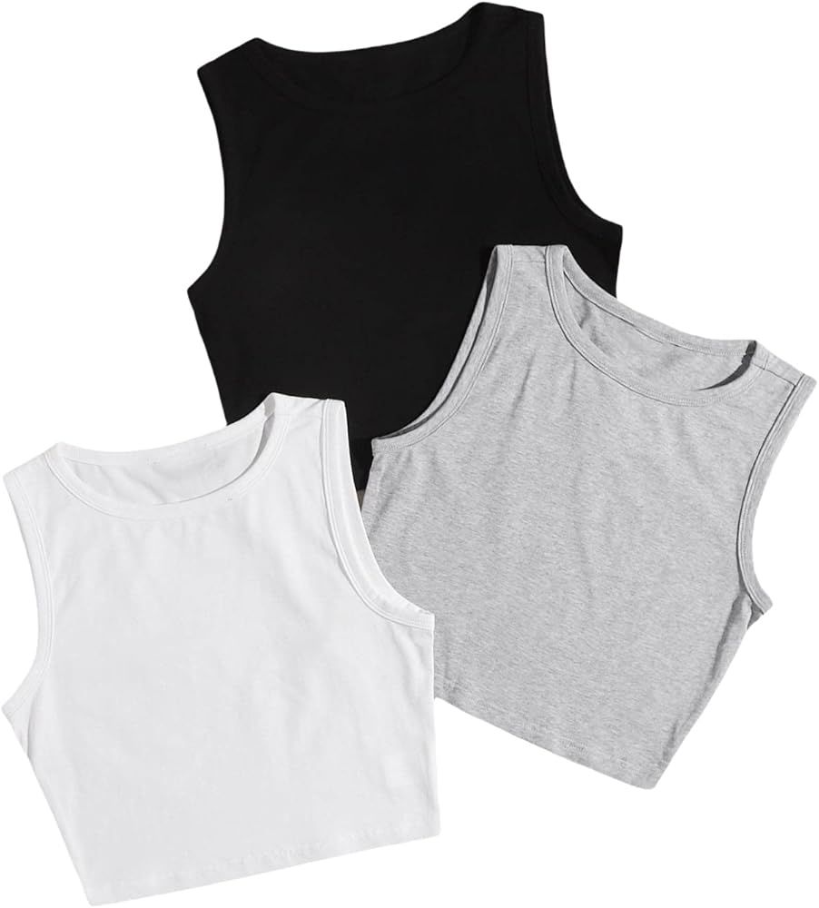 SheIn Women's 3 Pieces Round Neck Sleeveless Racerback Crop Tank Top Ribbed Knit Crop Tops | Amazon (US)