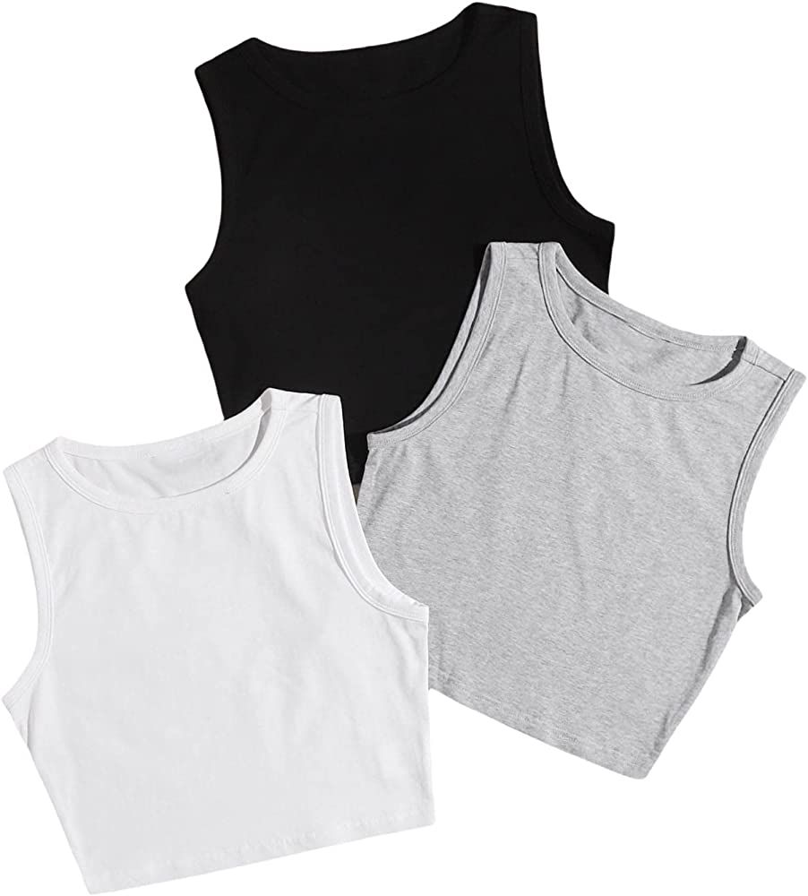 SheIn Women's 3 Pieces Round Neck Sleeveless Racerback Crop Tank Top Ribbed Knit Crop Tops | Amazon (US)