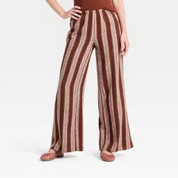 Women's Essential Linen Pull-On Pants - A New Day\u2122 Brown Striped S | Target