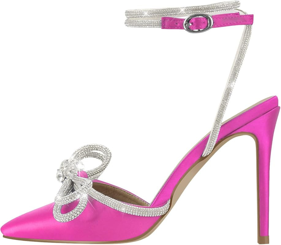 Women's Pointy Toe Satin High Heels Ankle Strap Rhinestone Stilettos Bowknots Wedding Sandals | Amazon (US)