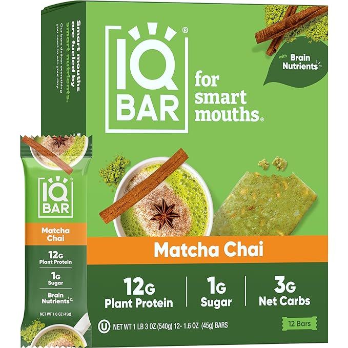 IQBAR Brain and Body Plant Protein Bars - Matcha Chai - 12 Count, Low Carb, High Fiber, Gluten Fr... | Amazon (US)