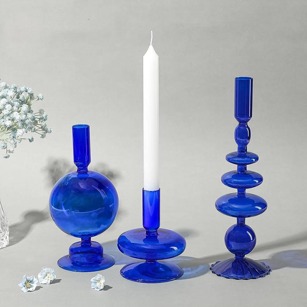Rtteri 3 Pcs Glass Candlestick Holders Glass Taper Candle Holders Groovy Candlestick Wavy Glass C... | Amazon (US)