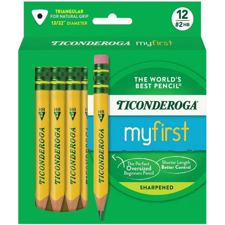 Ticonderoga My First Short Triangular Wood-Cased Pencils, 2 HB Soft, With Erasers, Yellow, 12 Cou... | Walmart (US)