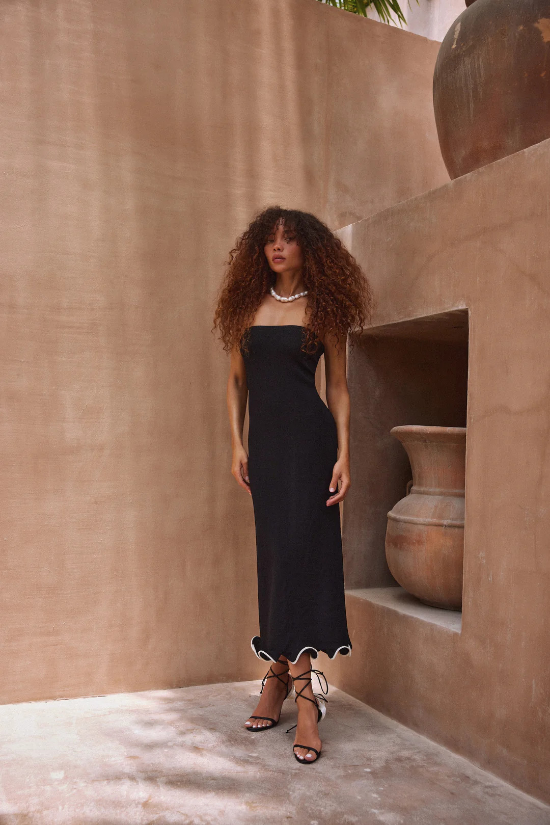 Ruffle Hem Strapless Dress (Black/Cream) | SAME