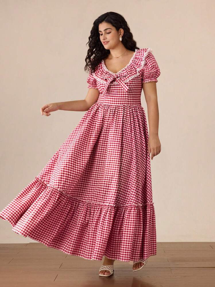 SHEIN MOD Plus Size Red & White Plaid Print Puff Sleeve Ruffle Hem Dress,Vestidos Elegantes De Mujer,Dresses For Women Summer/Fall,Pastoral Retro,Birthday Dress,Vestidos Elegantes Para Fiesta,Maxi Dresses For Women,Prom Dress,Vestidos Largos,Vestido Rojo,Gingham Dress,2000s Style,Birthday Women Casual Dress Midi Dress,Wedding Guest Dress Women, | SHEIN