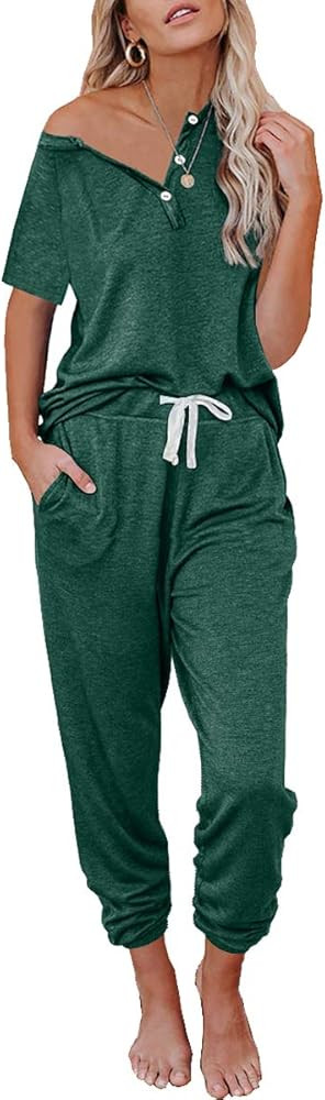 AUTOMET Women Sweatsuit Sets 2 Piece Long Sleeve Button up Pullover and Drawstring Sweatpants Lou... | Amazon (US)