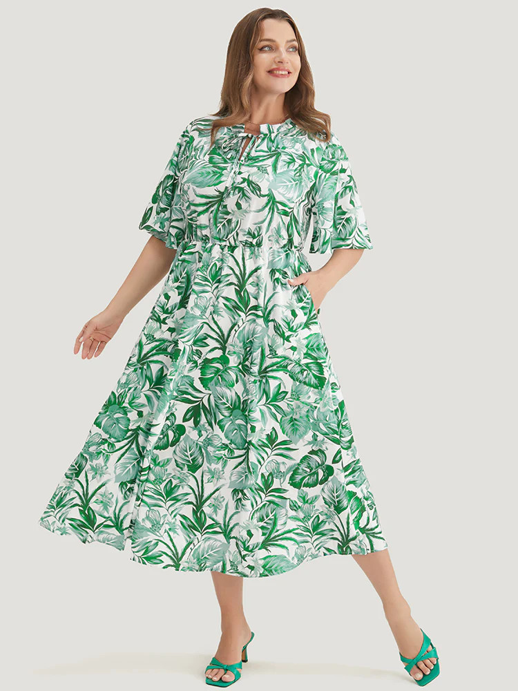 Plant Print Pocket Keyhole Tie Neck Frill Trim Flutter Dress | Bloomchic