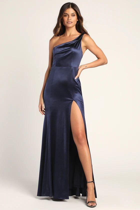 For the Night Navy Blue Satin One-Shoulder Satin Maxi Dress | Lulus (US)