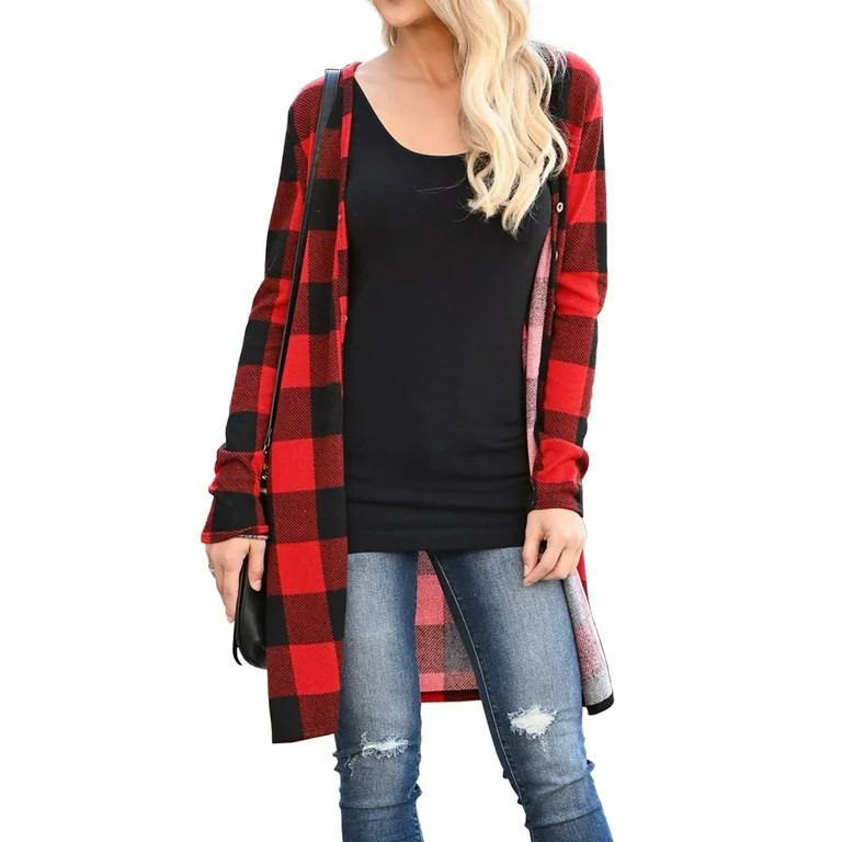 LACOZY Womens Open Front Cardigan Buffalo Plaid Shirt Large Size Red | Walmart (US)