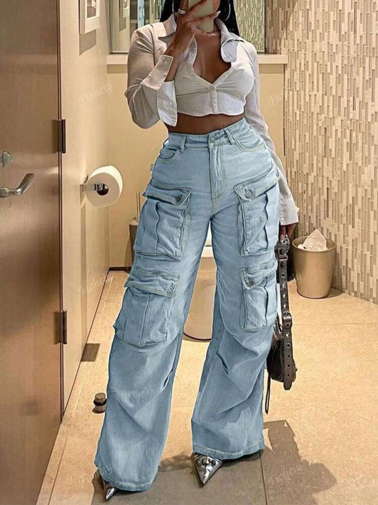 90s Y2K High Waist Flap Pocket Work Cargo Jeans Boyfriend Distressed Loose Fit Streetwear Denim Pants | SHEIN