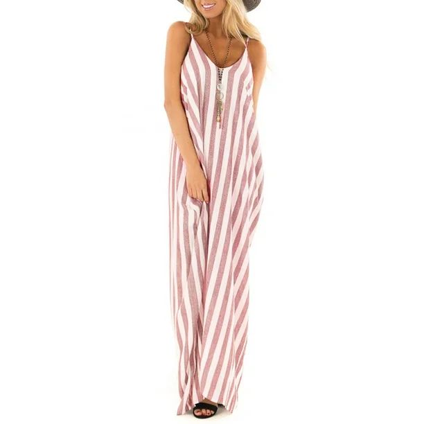 Summer Holiday Women Strappy Striped Long Boho Dress Casual Ladies Beach Maxi Dress Sundress | Walmart (US)