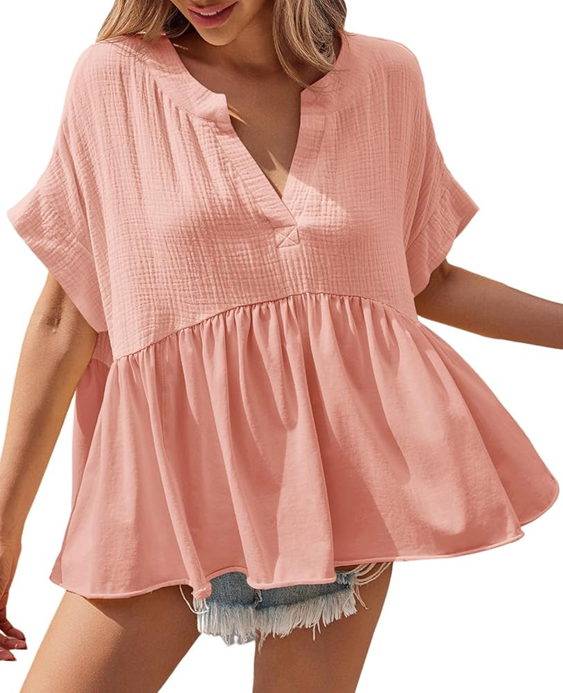 Tankaneo Womens Summer Babydoll Tops V Neck Short Sleeve Pleated Flowy Shirts Casual Loose Fit Pe... | Amazon (US)