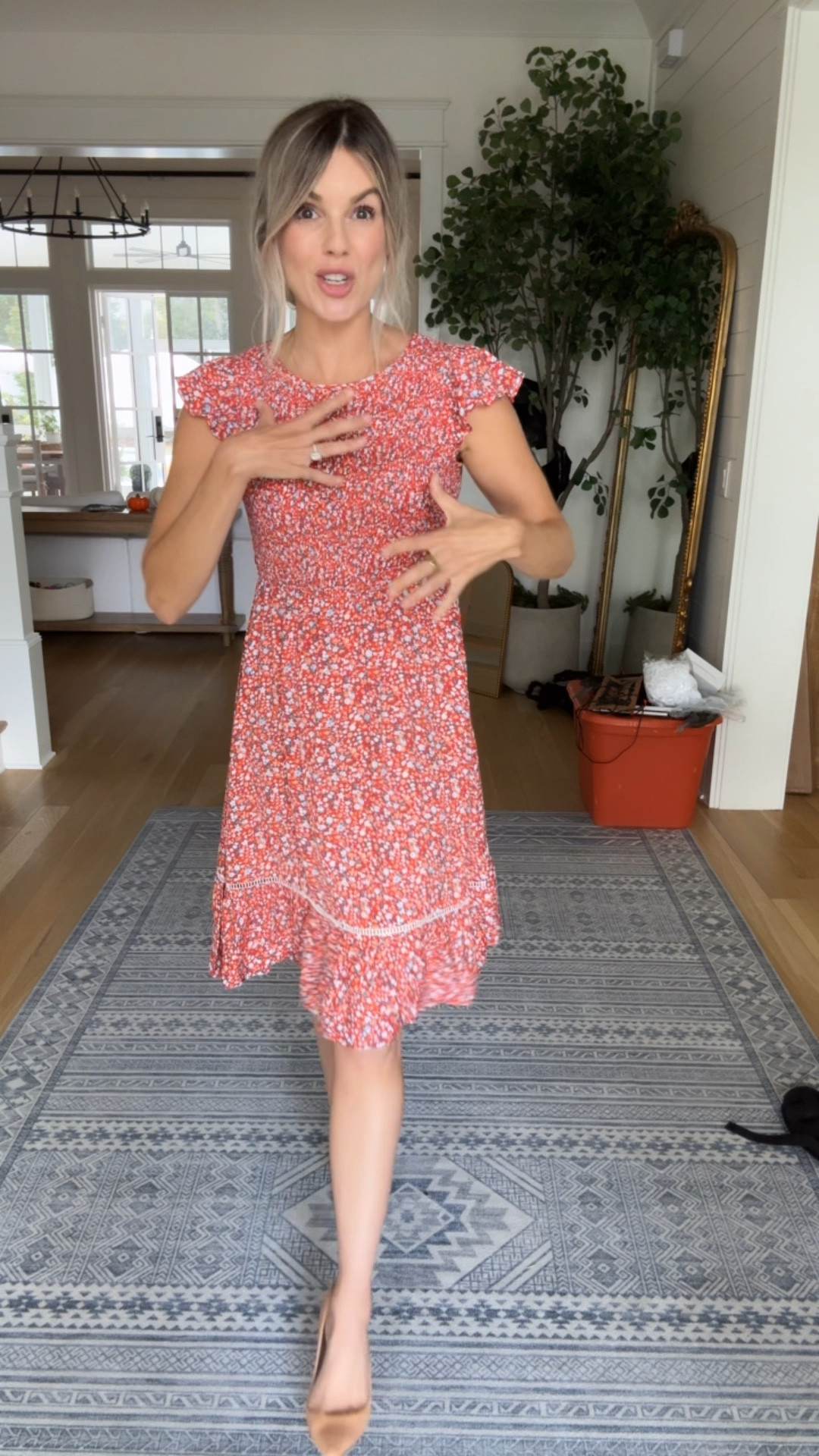 This dress has a lot of stretch through the bust so it’s great for women with larger busts. And I love the fall colors/print. You could easily throw a cardigan over it and wear boots to transition to fall.