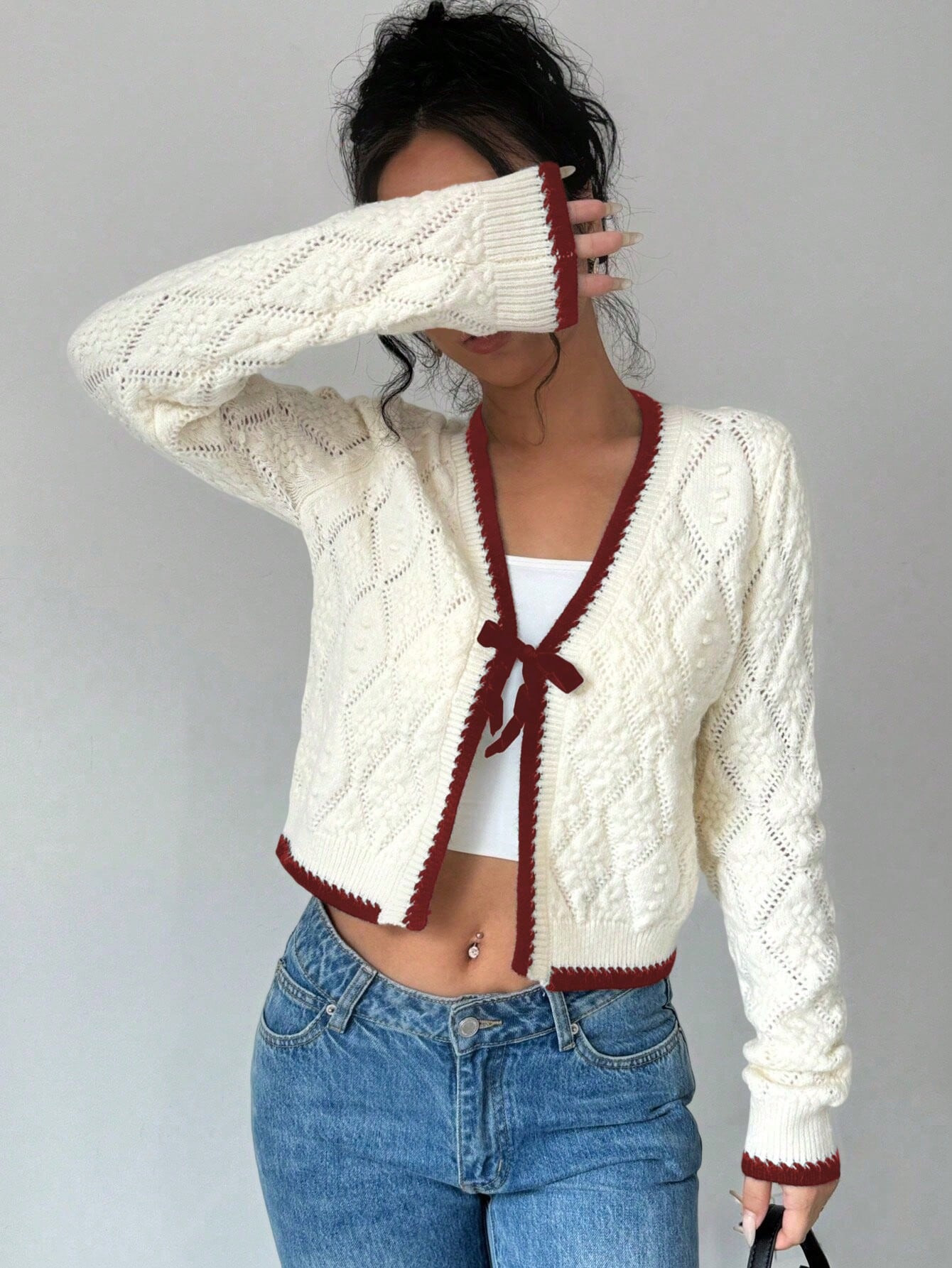 SHEIN Essnce French Casual All-Match Diamond Jacquard Knit Long Sleeve Pullover | SHEIN USA | SHEIN
