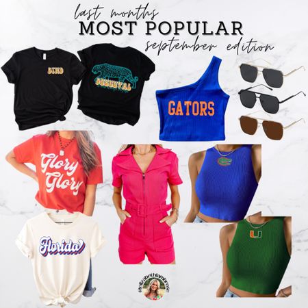 MOST POPULAR : SEPTEMBER!!
grab the rest of your college gear before its too late! I’m gonna share some more NFL apparel soon!! 
I ordered the sunnies when they were on sale and I am loving them!! They’re polarized and go with everything! Super sturdy too
I’m going to have to order this hot pink romper too bc it is sooo cute!   

#gators #uf #duval #jags #jacksonville #uga #georgia #bulldogs #dawgs #romper #sunnies #amazon #miami #canes #hurricanes

#LTKstyletip #LTKSeasonal #LTKsalealert