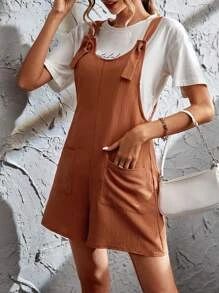Knot Front Pocket Patched Overall Romper Without Tube Top
   SKU: sw2205200571977788      
      ... | SHEIN