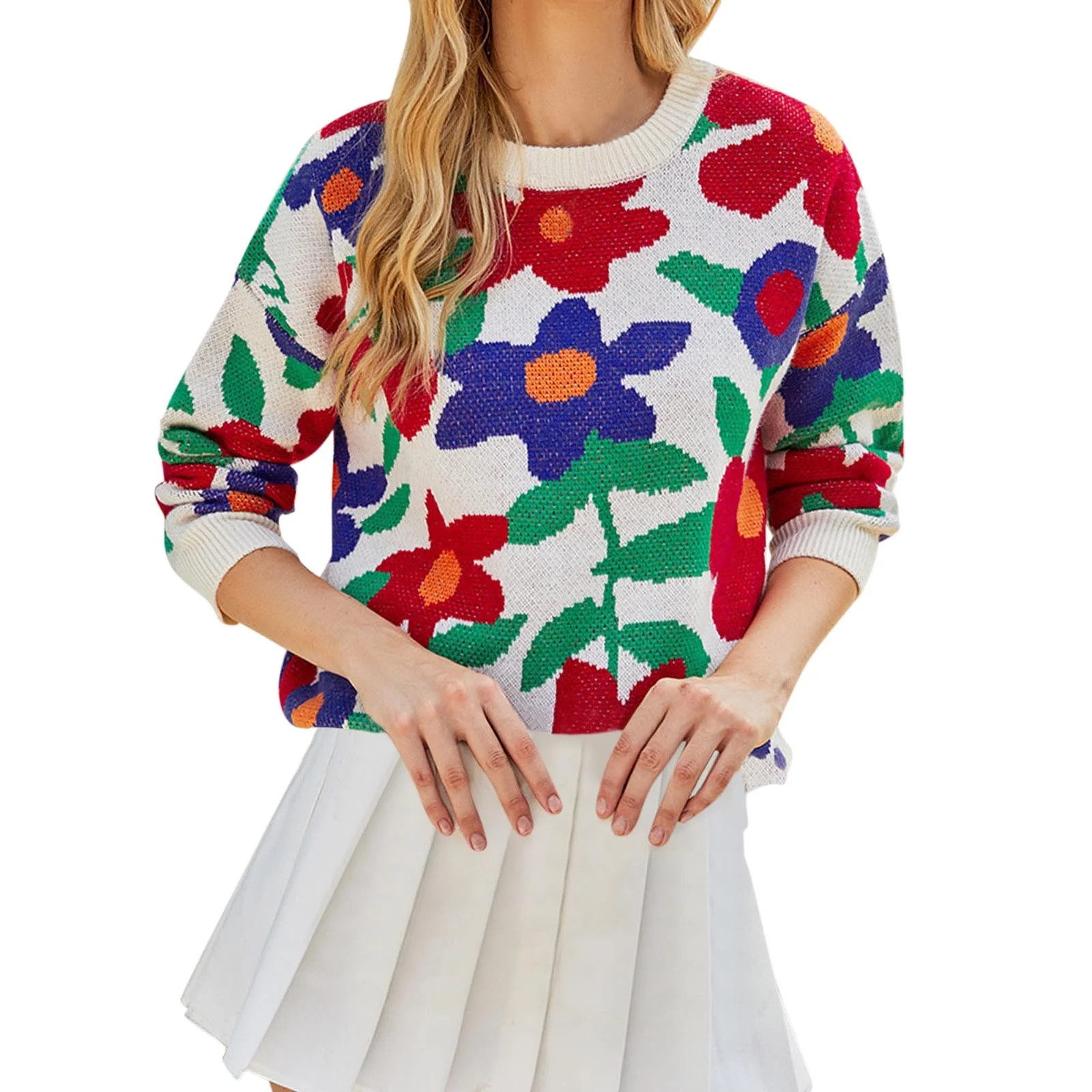 Oversized Sweaters For Women Trendy Loose Long Sleeve Round Neck Colorful Big Flower Pullover Swe... | Walmart (US)