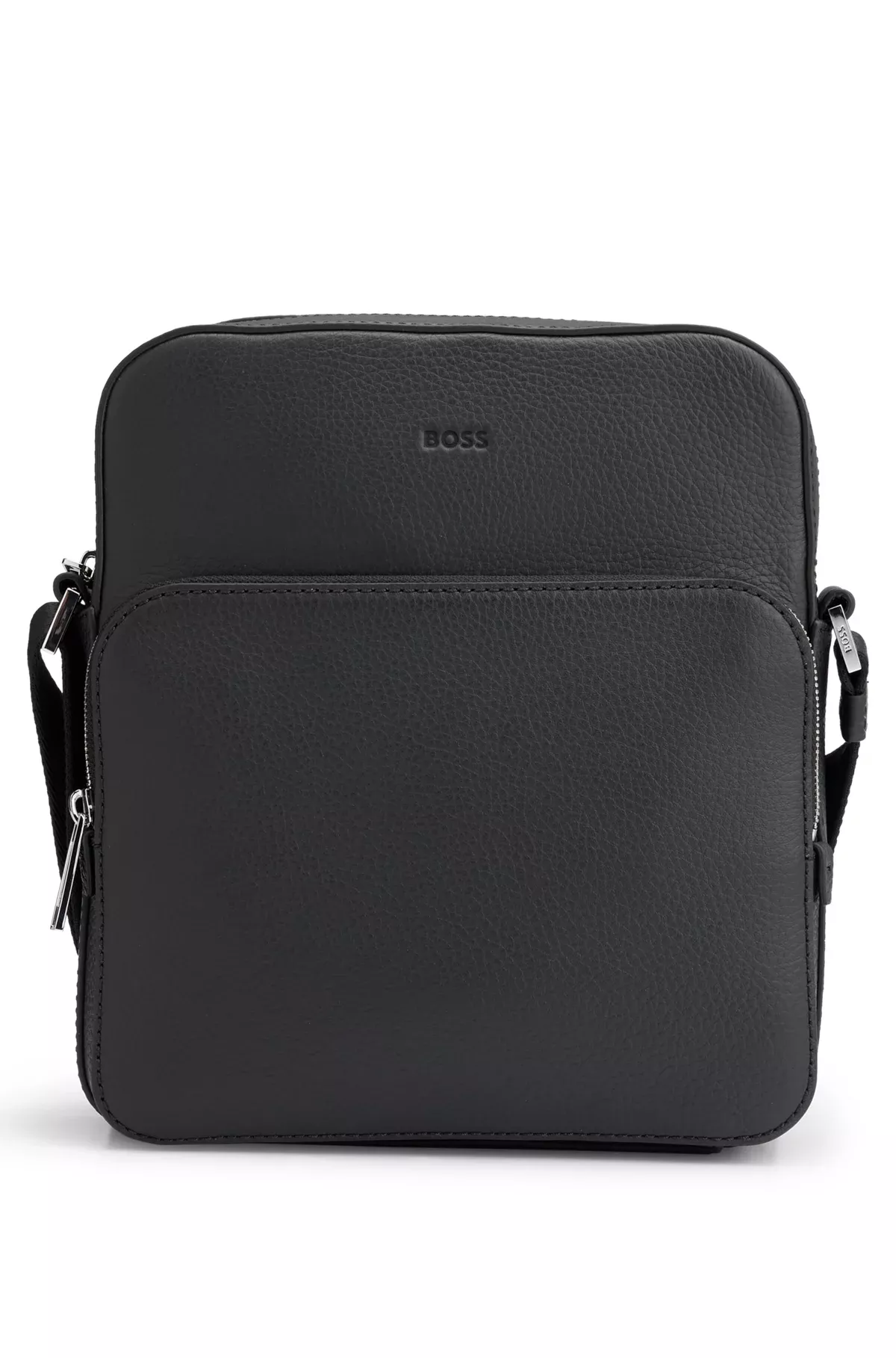 Boss Leather Reporter Bag with Embossed Logo, Black Night