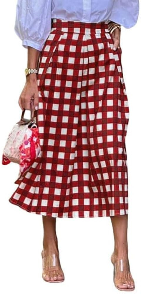 Women's Gingham Midi Skirt Retro Casual Office High Waisted A Line Pleated Checkered Skirt | Amazon (US)