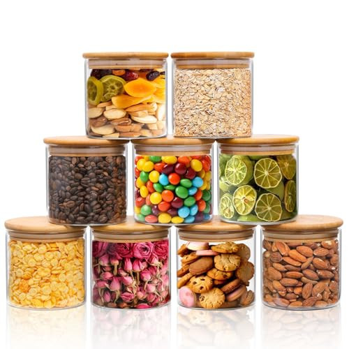ComSaf 20oz Glass Food Storage Jars Set of 9, Clear Glass Storage Containers with Bamboo Lids, Pantry Organization Jar, Spice, Blooming Tea, Coffee and Sugar Container, Small Canister Set for Kitchen | Amazon (US)