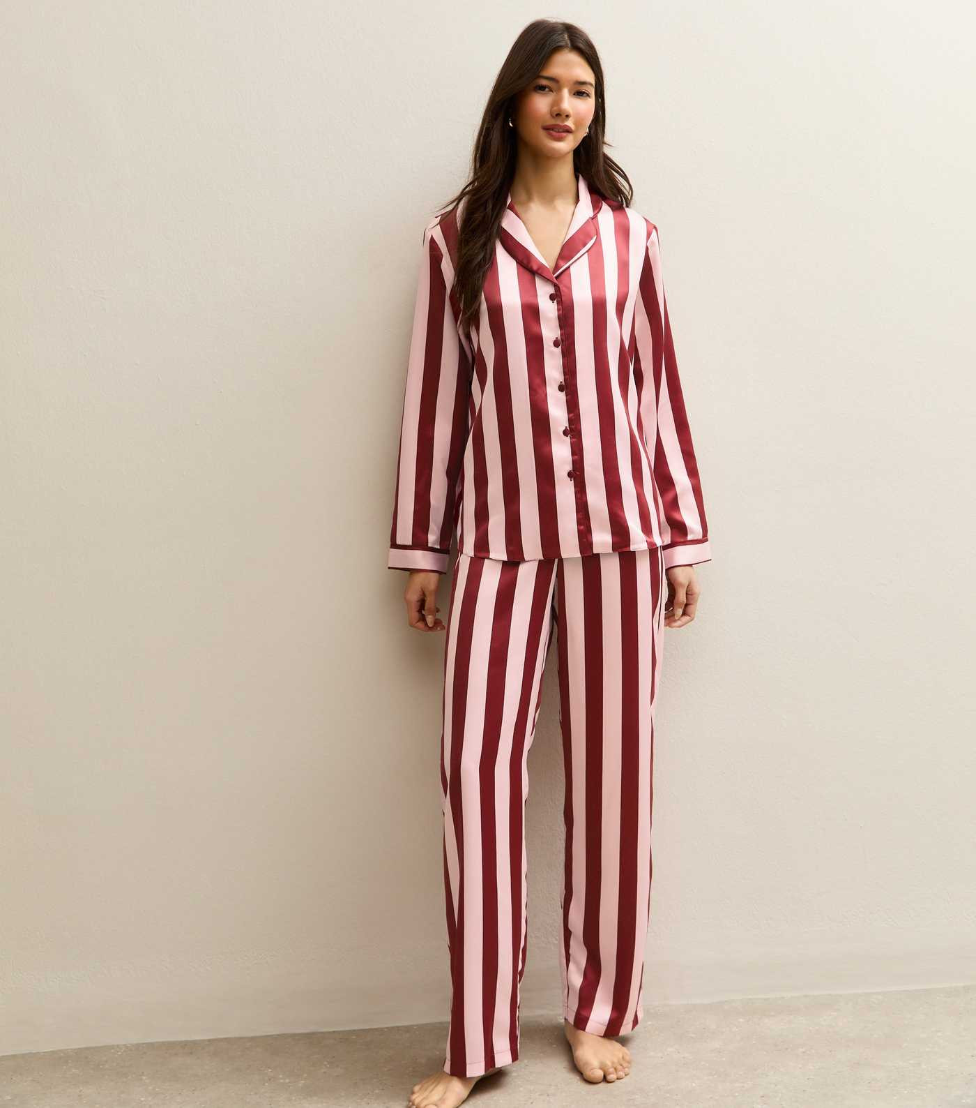 Red Satin Stripe Revere Collar Shirt and Trousers Pyjama Set | New Look | New Look (UK)