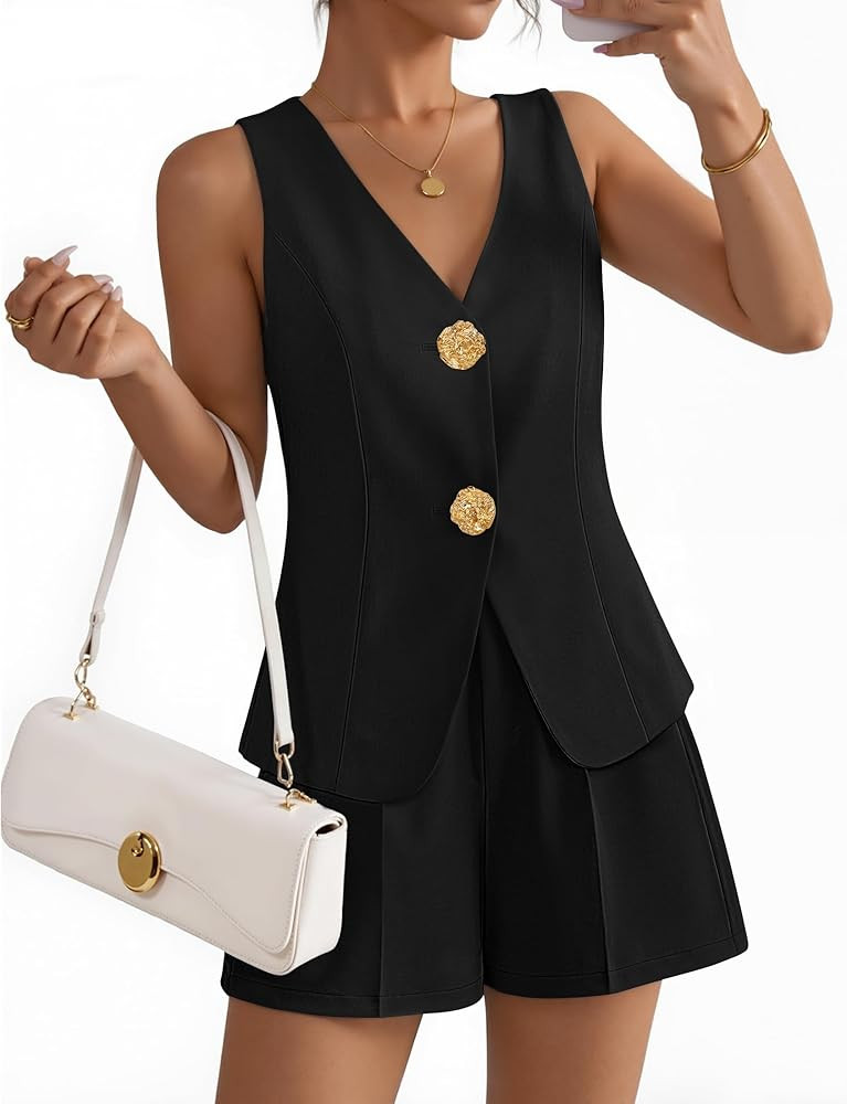 ZESICA Women\u2019s Summer Casual 2 Piece Short Sets 2026 Button Suit Vest Tops Shorts Dressy Bus... | Amazon (US)