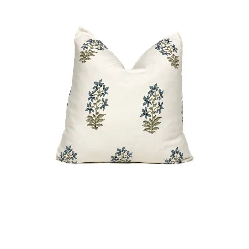 Floral Designer Pillow Cover Udaipur Green Blue Cream Throw Pillow Throw Pillows Pillow Covers De... | Etsy (US)