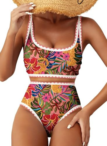 Herseas Women's Sporty Bikini Sets Cute Floral Swimsuits Ladies 2026 Tummy Control Scoop Top High Rise Bathing Suits Vintage Contrast Binding Tropical Pink Outfits Beach Wear XX-Large | Amazon (US)