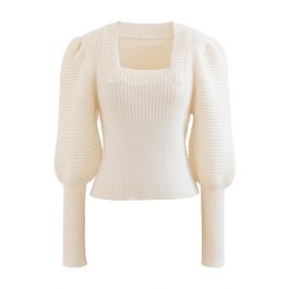 Square Neck Puff Sleeve Crop Knit Top in Ivory | Chicwish