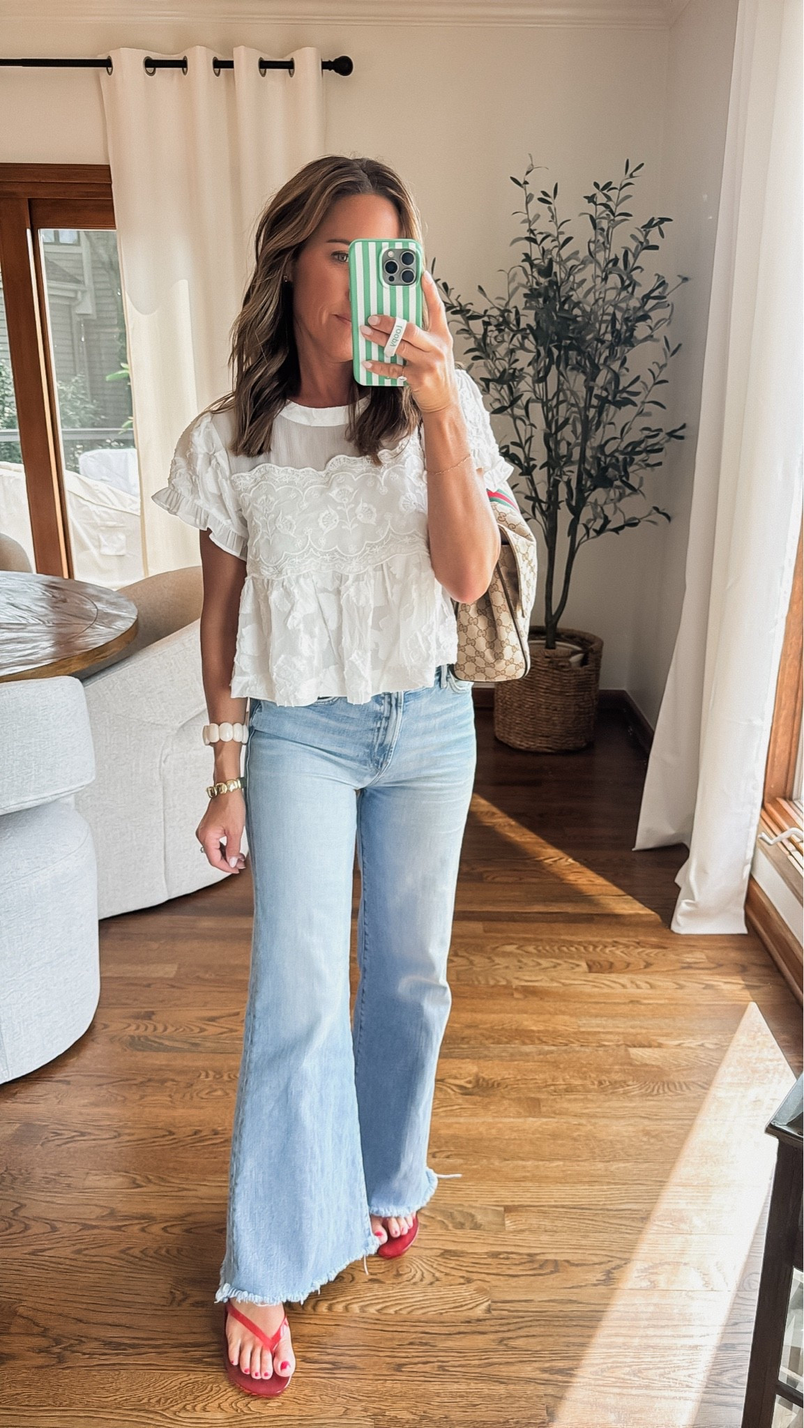 Outfit of the day. 
XS blouse with the prettiest detailing. Also in a gorgeous brown. 
Jeans tts - I cut the hem. Regular length. 
Bag is the medium size.

#LTKmomlife #LTKOver40 #LTKSeasonal