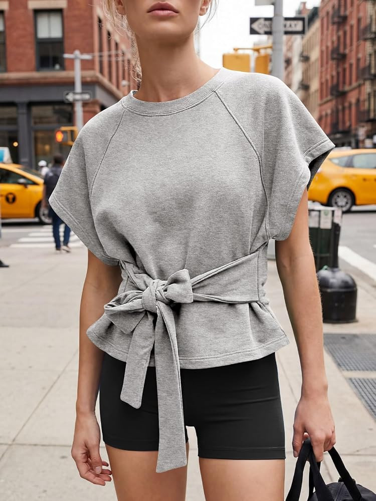 Fisoew Womens Summer Short Sleeve Tops Tie Front Wrap T Shirt Casual Sweatshirt | Amazon (US)