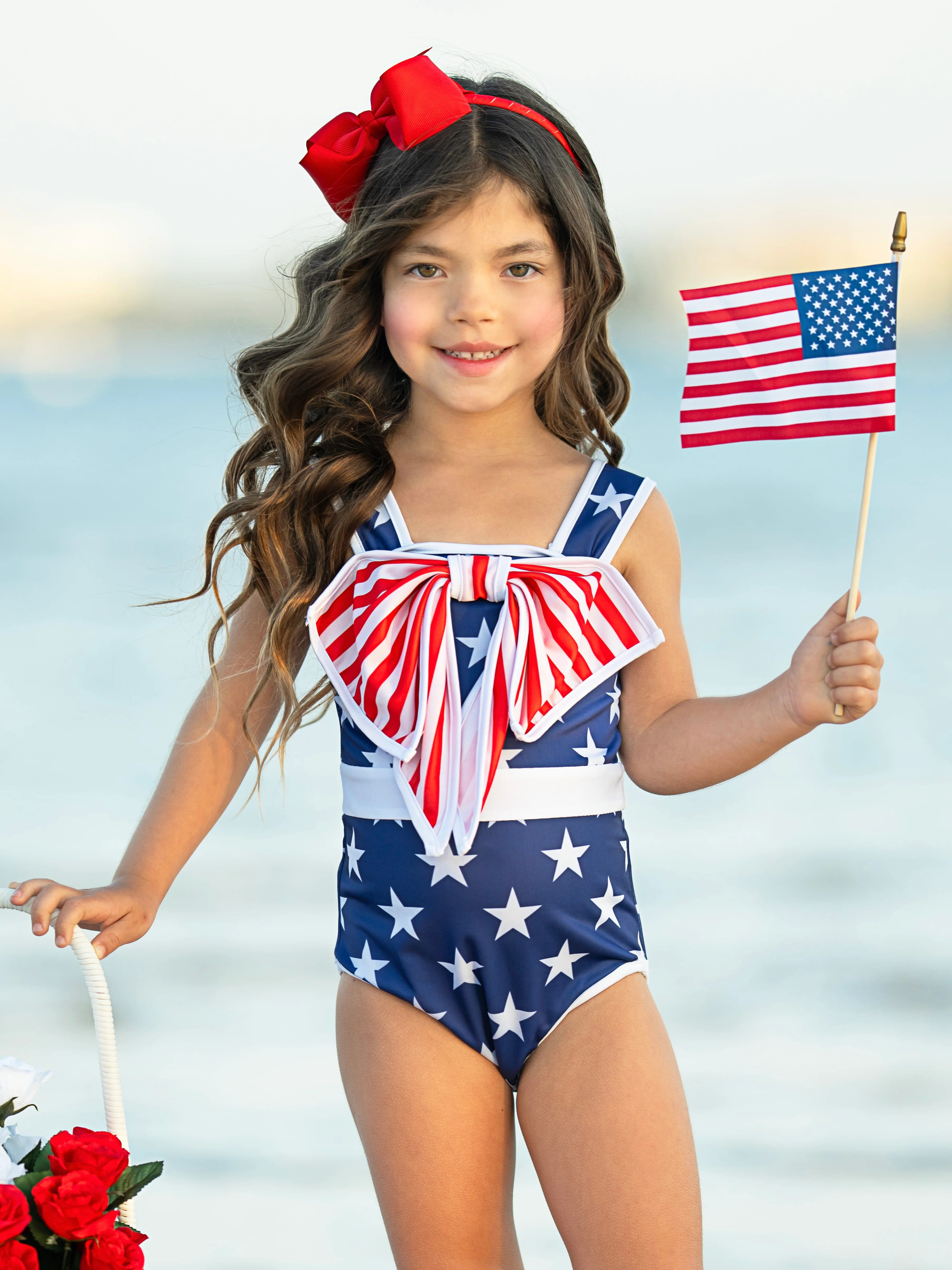 Star-Spangled Bowtastic One Piece Swimsuit | Mia Belle Girls