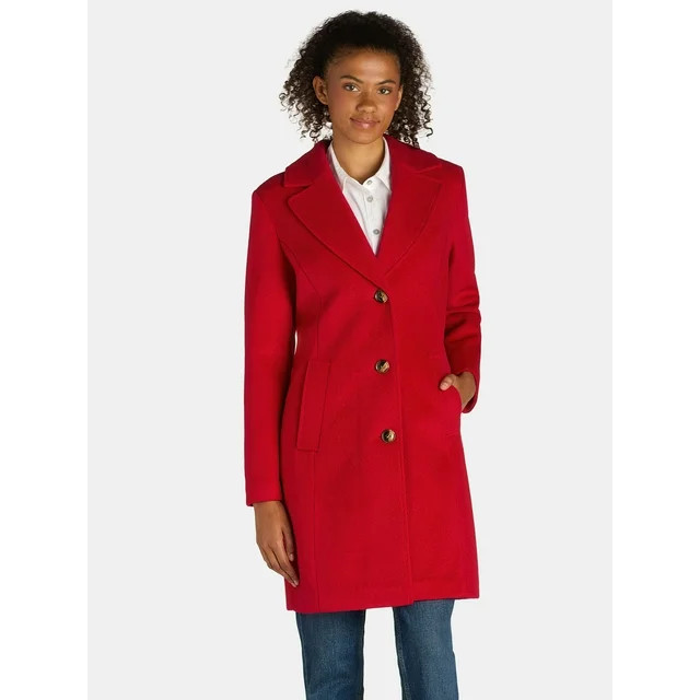 Time and Tru Women's and Women's Plus Faux Wool Solid Button Front Coat, Sizes XS-3X | Walmart (US)