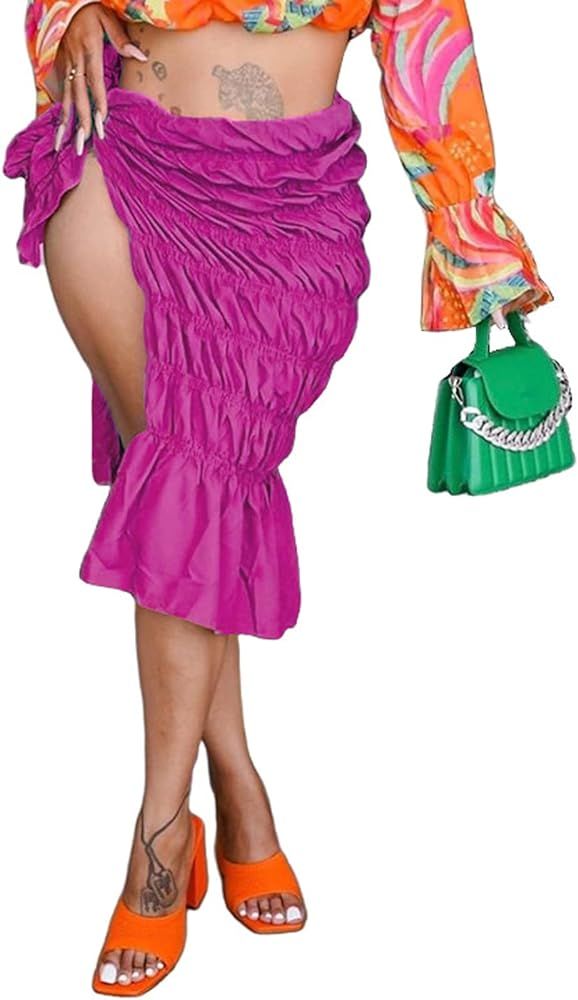 Midi Skirts for Women Summer High Waist Ruched Asymmetrical Tie Waist Split Wrap Skirt Beach Swim... | Amazon (US)