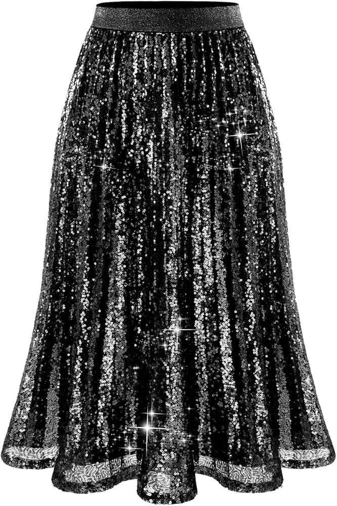 Bridesmay Sequin Skirt Elastic High Waisted A-Line Sparkle Pleated Skirts for Cocktail Party 2025 | Amazon (US)