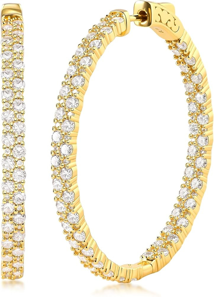 RINEY&KY 40MM Moissanite Hoop Earrings for Women 18K White Gold Plated Large Diamond Hoops Round ... | Amazon (US)
