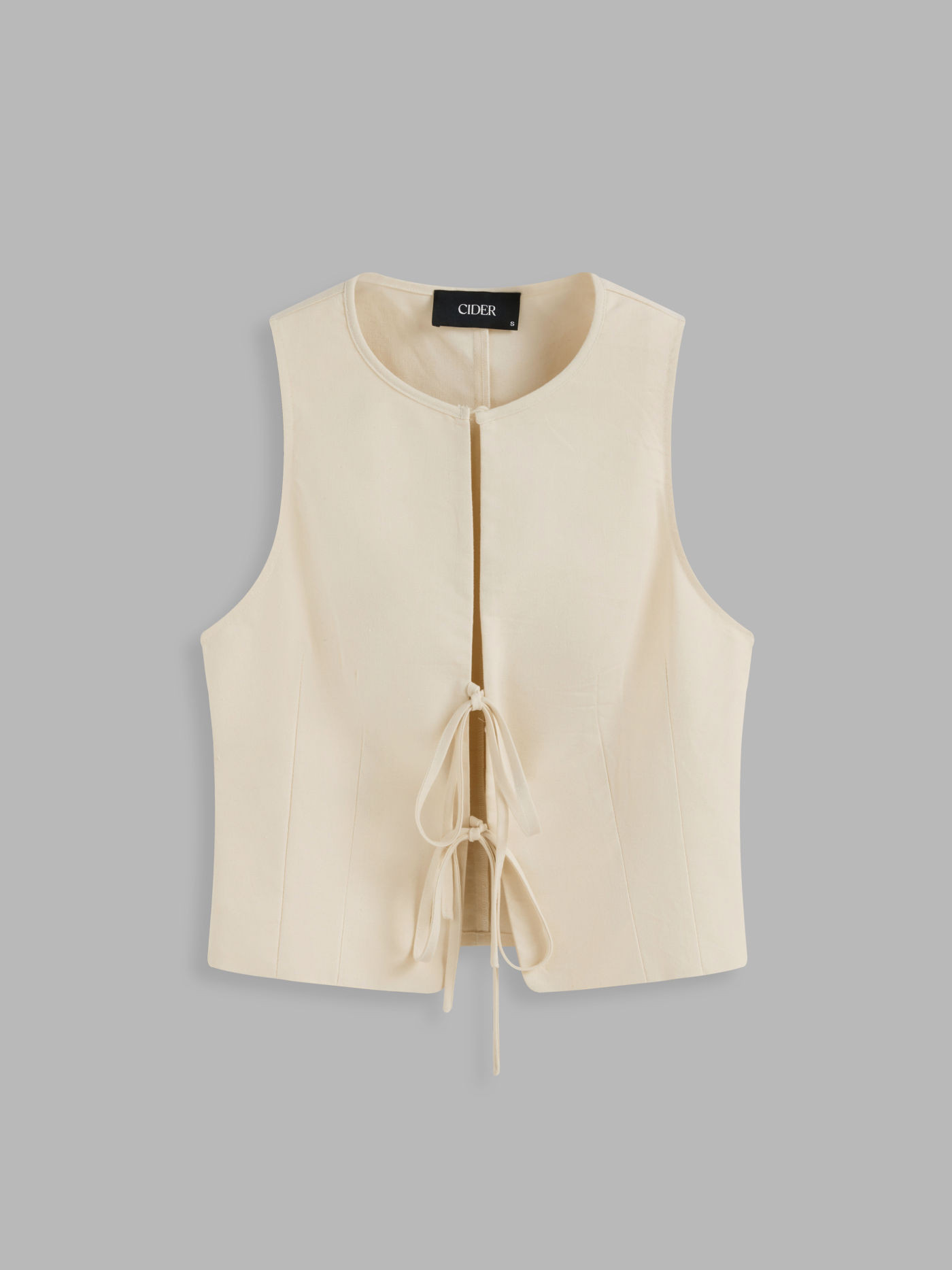 Woven Linen-blend Round Neckline Solid Knotted Cut Out Top For Daily Casual | Cider