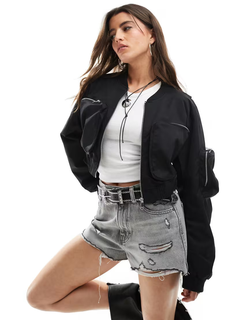ONLY cropped bomber jacket with pocket detail in black | ASOS (Global)