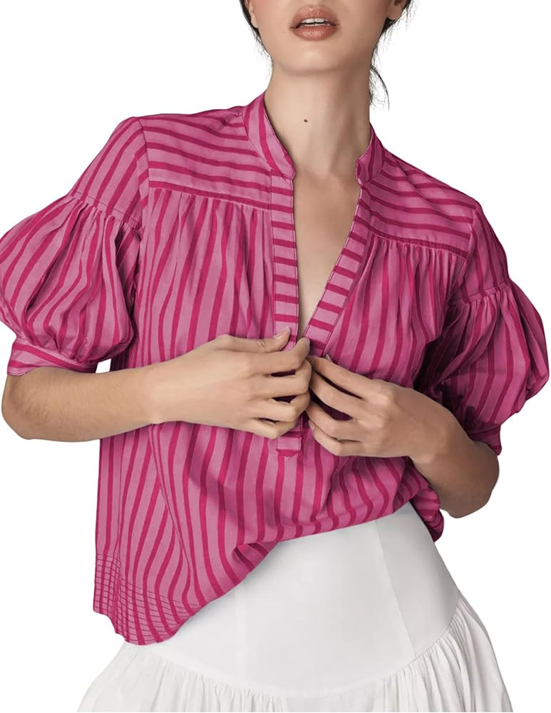 Womens Summer Pleated V Neck T Shirts Short Sleeve Casual Loose Blouses Striped Tunics Swing Top | Amazon (US)