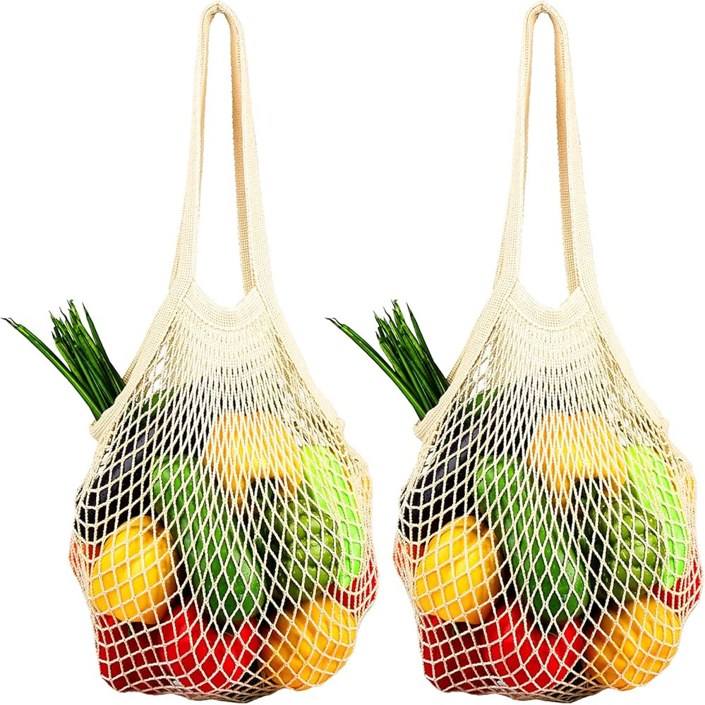 [2 Pack] Premium Mesh Grocery Bags, Reusable Produce Bags, Long Handle Net Tote Bags, 100% Cotton... | Amazon (US)