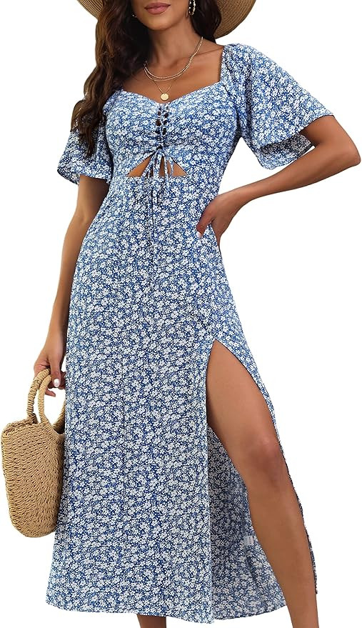 Summer Floral Midi Dress Women, Casual Boho Dress Short Sleeve A-line Square Neck Tie Front Cutou... | Amazon (US)