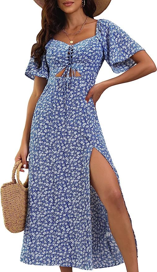 Summer Floral Midi Dress Women, Casual Boho Dress Short Sleeve A-line Square Neck Tie Front Cutou... | Amazon (US)