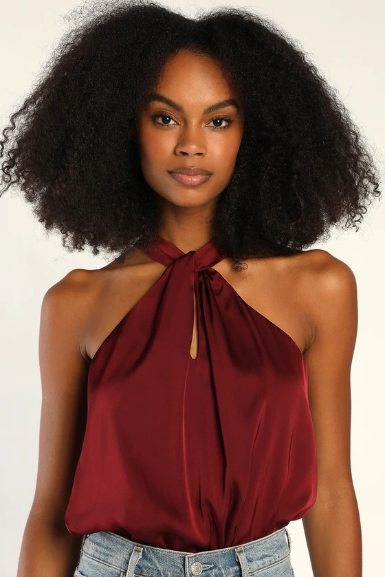 Posh Attitude Burgundy Satin Knotted Halter Bodysuit | Red Holiday Top | Christmas Top Tops | Lulus (US)