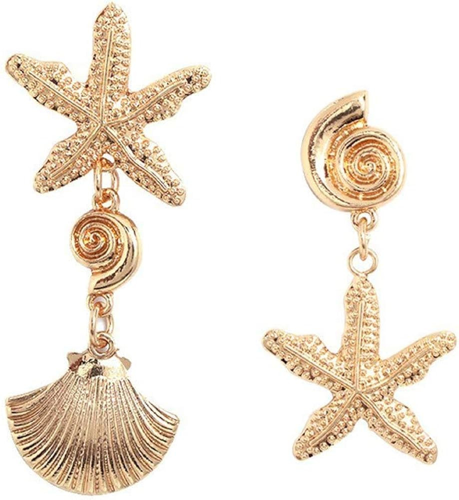 Bohemia Seashell Conch Starfish Earrings Irregular Gold Sea Shell Dangle Stud Earrings Summer Bea... | Amazon (US)