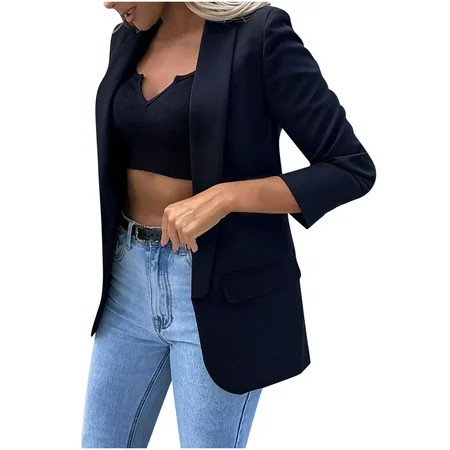 Black Blazer for Women Trendy Elegant Solid Color Jackets Coats Long Sleeve Open Front Office Work C | Walmart (US)