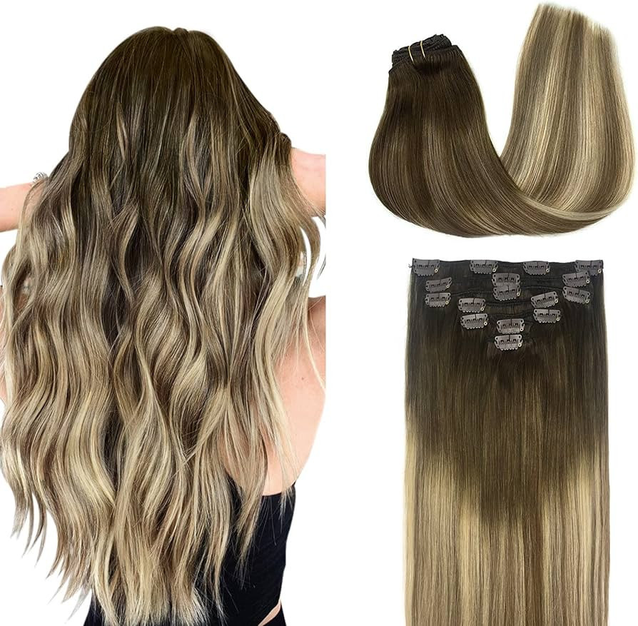 DOORES Remy Hair Extensions Clip in Human Hair Balayage Walnut Brown to Ash Brown and Bleach Blon... | Amazon (US)