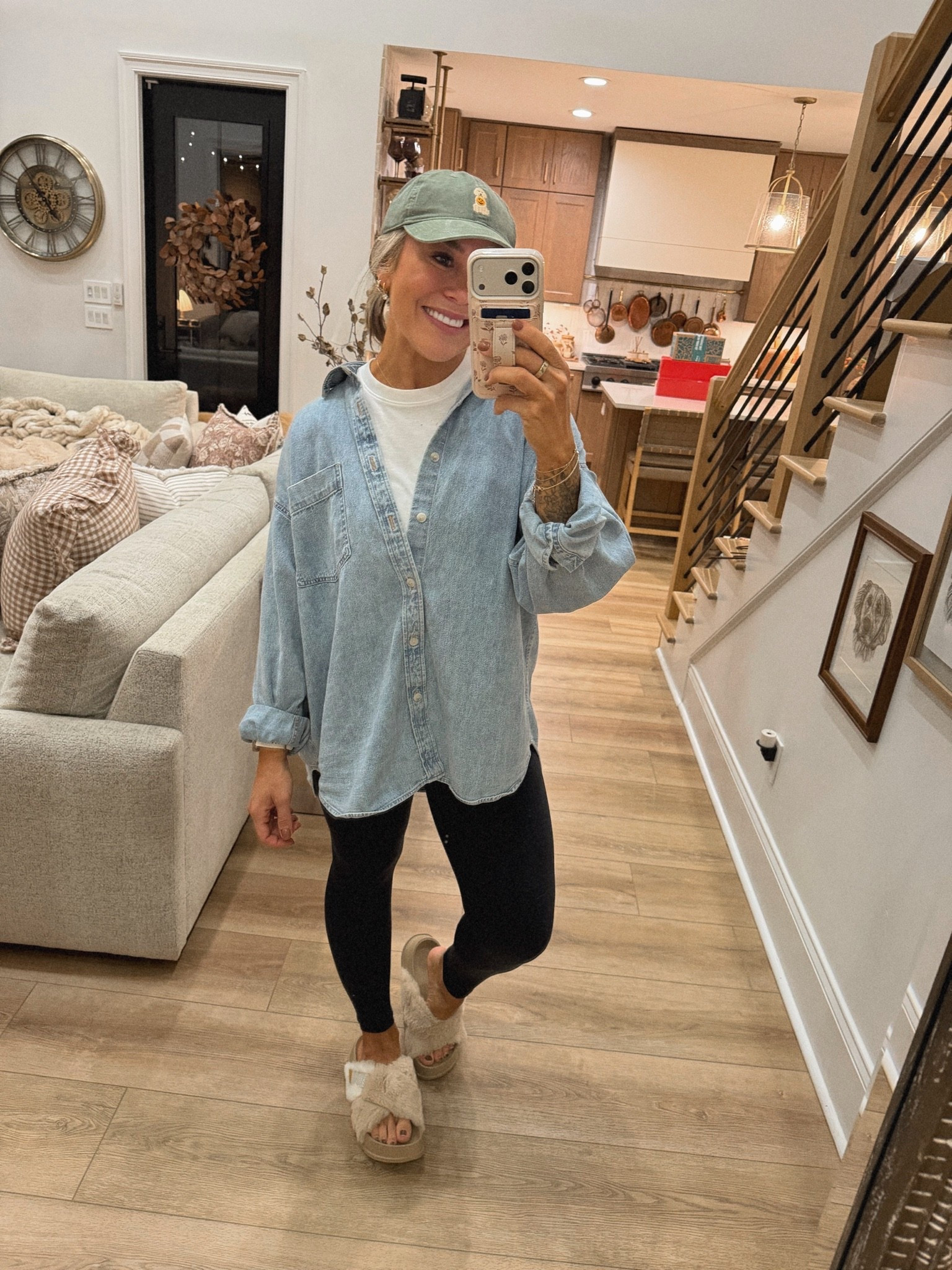 A go to fit for me 🫶🏼 this @Aritzia denim top has been on repeat since the day I got it last year! Goes w/ everything & perfect for layering! In the L🤎

Amazing basic @Target tee! In the M! Amazon leggings - M & slippers tts!

Comfy / casual / ootd / denim / fall style / Holley Gabrielle